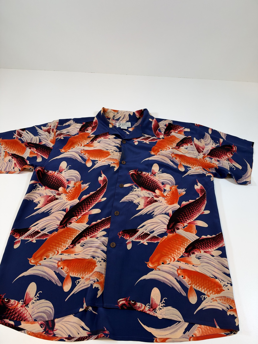 VTG Avanti Shirt Mens XL Blue Silk Hawaiian Koi Fish Short Sleeve Button Up FLAW